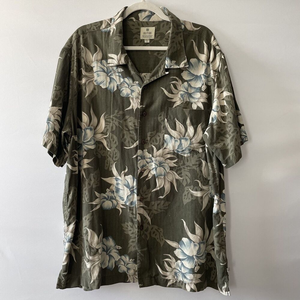 Solitude Hawaiian Shirt Floral Green Blue Grid Weave Washable Silk Men Size XL